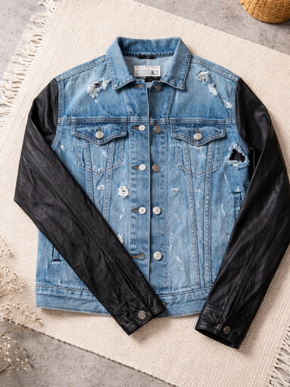 Rag & Bone/JEAN Distressed Denim Jacket with Lamb‎ Leather Sleeves Women's XS